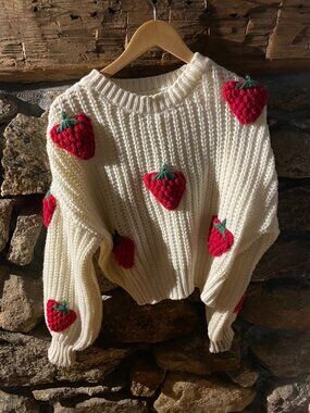 Beautiful and rare strawberry-themed knit sweater, perfect for summer layering